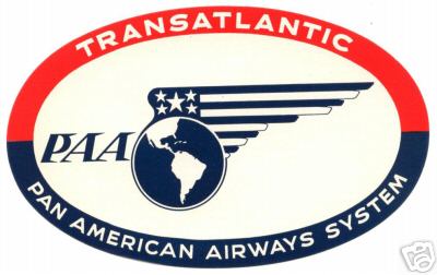 A 1940s Pan Am Trans-Atlantic baggage label.  The red, white and blue colors suggest that the label may have been used during World War II.